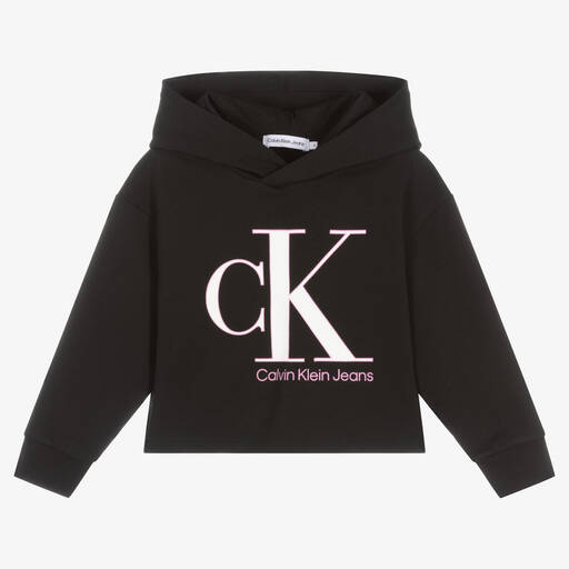 Calvin Klein Jeans-توب هودي قطن جيرسي لون أسود للبنات | Childrensalon Outlet