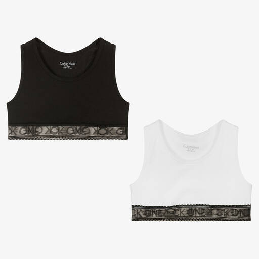Calvin Klein-Girls Black & White Cotton Bralettes (2 Pack) | Childrensalon Outlet