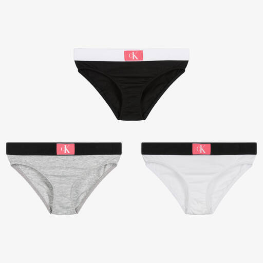 Calvin Klein-Girls Black, White & Grey Knickers (3 Pack) | Childrensalon Outlet