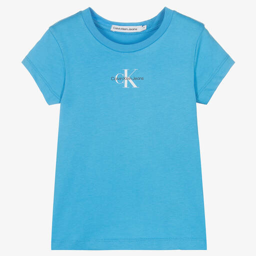 Calvin Klein Jeans-Girls Blue Cotton Logo T-Shirt | Childrensalon Outlet