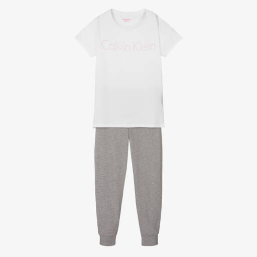 Calvin Klein-بيجاما قطن لون أبيض و رمادي للبنات | Childrensalon Outlet