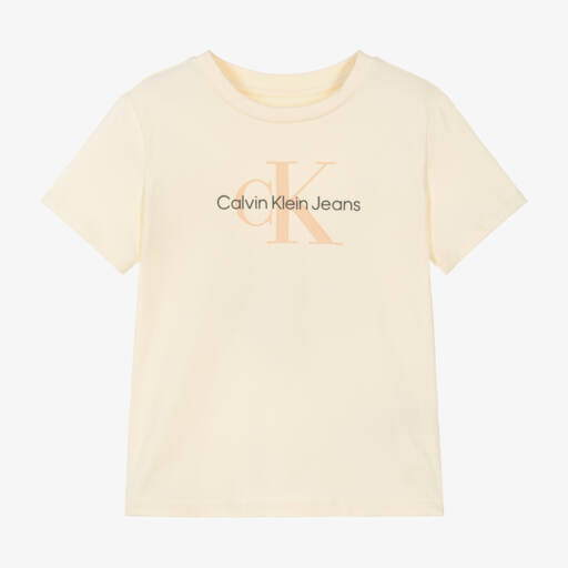 Calvin Klein-تيشيرت بشعار CK قطن لون عاجي للبنات | Childrensalon Outlet