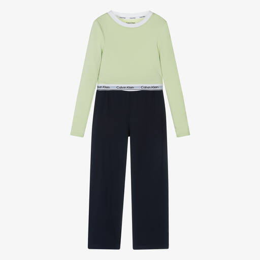Calvin Klein-Pyjama vert et bleu en coton fille | Childrensalon Outlet