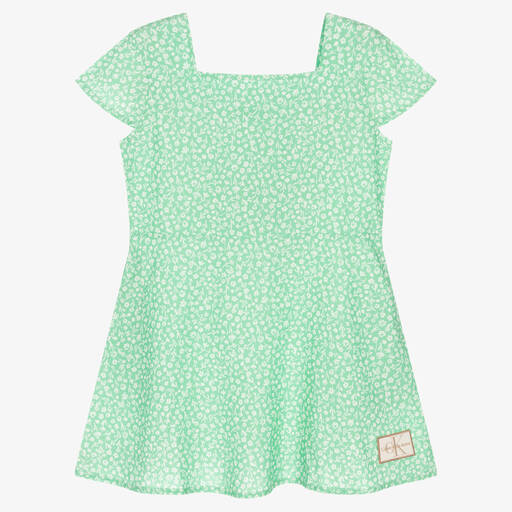 Calvin Klein Jeans-Girls Green Cotton Flower Print Dress | Childrensalon Outlet