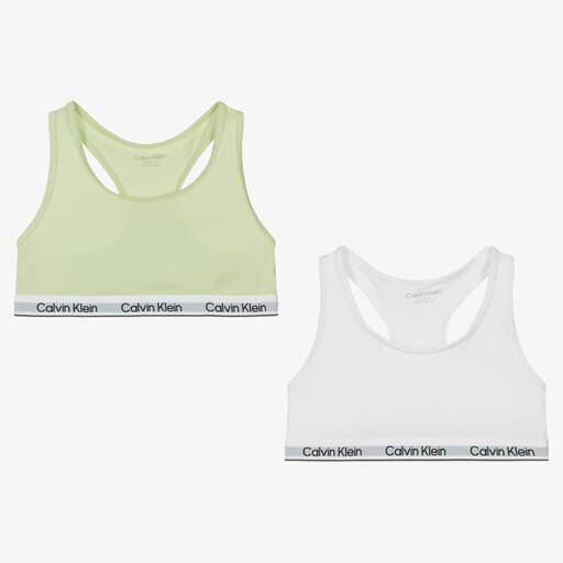 Calvin Klein-Girls Green & White Cotton Bra Tops (2 Pack) | Childrensalon Outlet