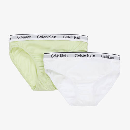 Calvin Klein-Girls Green & White Cotton Knickers (2 Pack) | Childrensalon Outlet