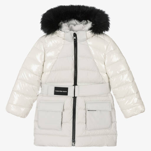 Calvin Klein Джинсы-Серый пуховик с поясом для девочек | Childrensalon Outlet