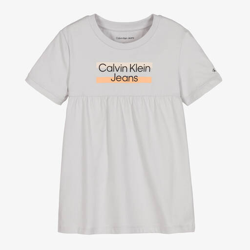 Calvin Klein Jeans-فستان أطفال بناتي قطن جيرسي لون رمادي فاتح | Childrensalon Outlet