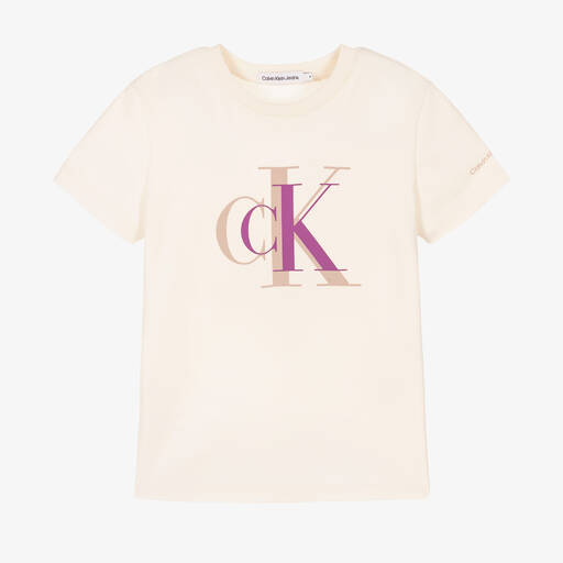 Calvin Klein Jeans-Girls Ivory Cotton CK Logo T-Shirt | Childrensalon Outlet