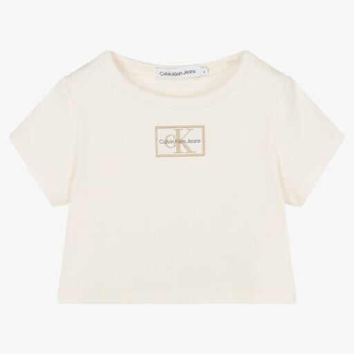 Calvin Klein Jeans-Girls Ivory Cotton Cropped T-Shirt | Childrensalon Outlet