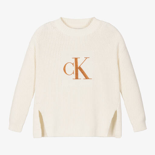 Calvin Klein-Pull ivoire en coton fille | Childrensalon Outlet