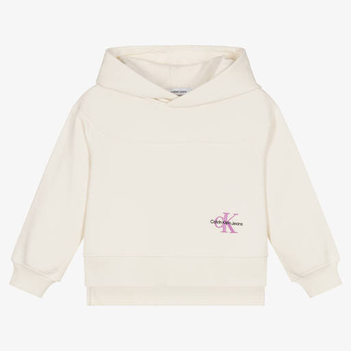 Calvin Klein Jeans-Girls Ivory Cotton Logo Hoodie | Childrensalon Outlet