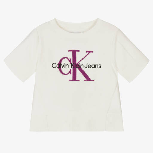Calvin Klein Jeans-Girls Ivory Cotton Logo Knit Top | Childrensalon Outlet