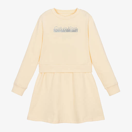 Calvin Klein-فستان سويتشيرت قطن لون عاجي | Childrensalon Outlet
