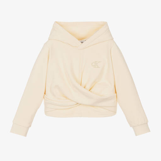 Calvin Klein-سويتشيرت هودي قطن جيرسي لون عاجي للبنات | Childrensalon Outlet