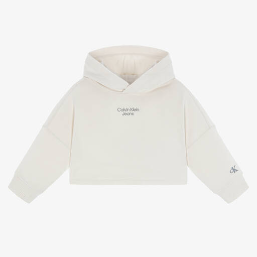 Calvin Klein Jeans-Girls Ivory Crop Logo Hoodie | Childrensalon Outlet