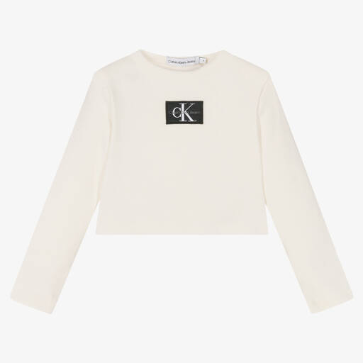 Calvin Klein Jeans-Girls Ivory Cropped Jersey Top | Childrensalon Outlet