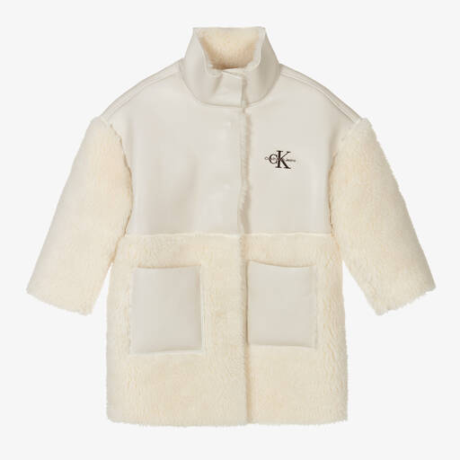 Calvin Klein Jeans-Girls Ivory Faux Shearling Coat | Childrensalon Outlet