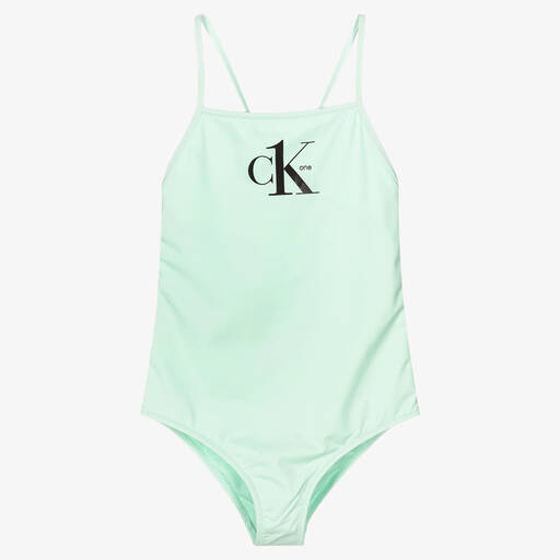 Calvin Klein-Girls Logo Green Swimsuit | Childrensalon Outlet