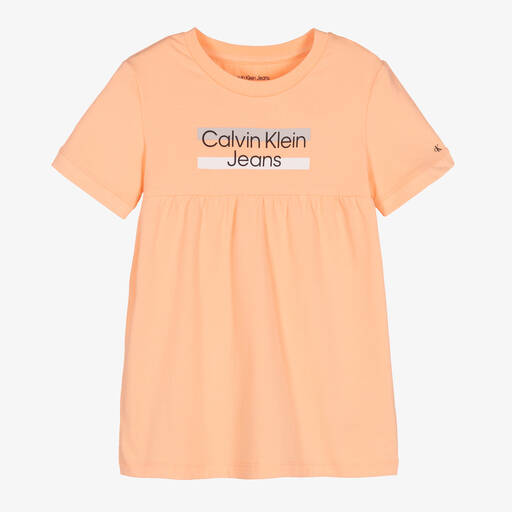 Calvin Klein Jeans-فستان أطفال بناتي قطن جيرسي لون برتقالي مرجاني | Childrensalon Outlet
