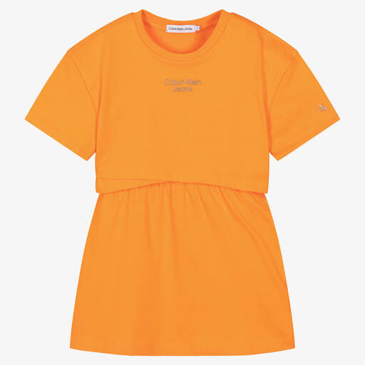 Calvin Klein Jeans-Girls Orange Cotton Logo Dress | Childrensalon Outlet