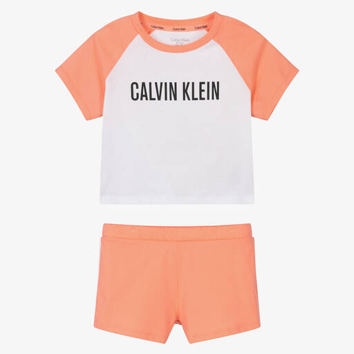 Calvin Klein-بيجاما قطن لون برتقالي وأبيض للبنات  | Childrensalon Outlet