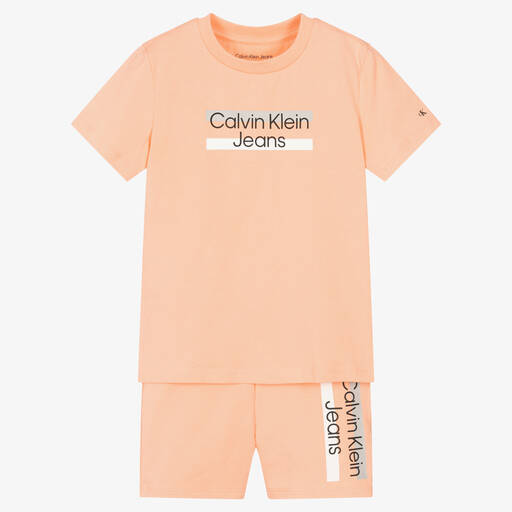 Calvin Klein Jeans-طقم شورت قطن جيرسي لون برتقالي مرجاني | Childrensalon Outlet