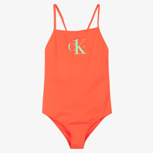 Calvin Klein-Girls Orange Logo Swimsuit | Childrensalon Outlet