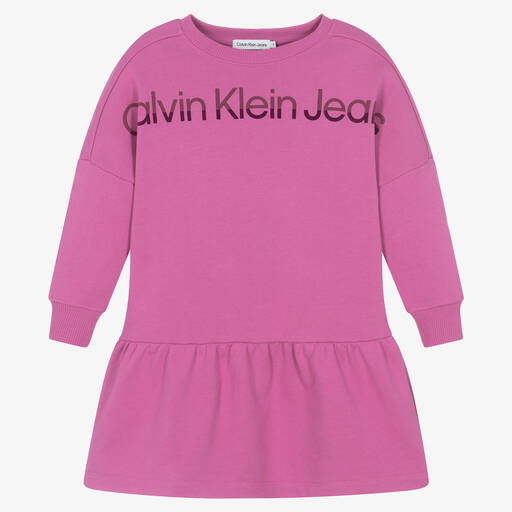 Calvin Klein-فستان قطن مزين بكشكش لون زهري | Childrensalon Outlet