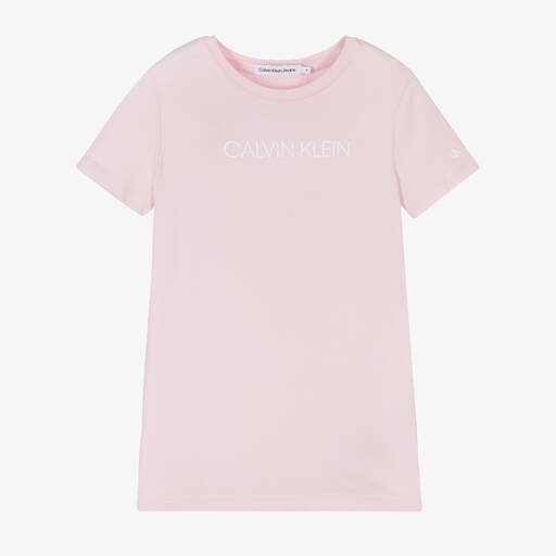Calvin Klein Jeans-Girls Pink Cotton Logo Dress | Childrensalon Outlet