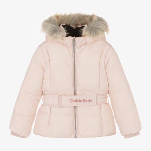 Calvin Klein-جاكيت بافر بحزام لون زهري للبنات | Childrensalon Outlet