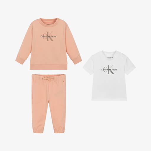 Calvin Klein-Girls Pink Tracksuit and T-shirt Set | Childrensalon Outlet