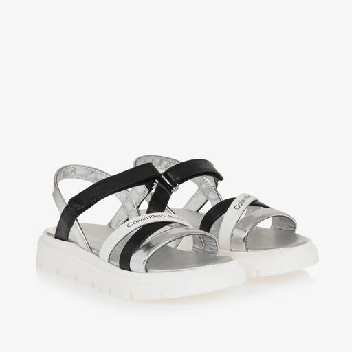 Calvin Klein-صندل جلد صناعي لون فضّي وأسود للبنات | Childrensalon Outlet
