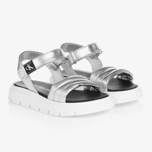 Calvin Klein Jeans-Girls Silver Faux Leather Sandals | Childrensalon Outlet