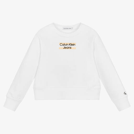 Calvin Klein Jeans-سويتشيرت قطن لون أبيض للبنات | Childrensalon Outlet