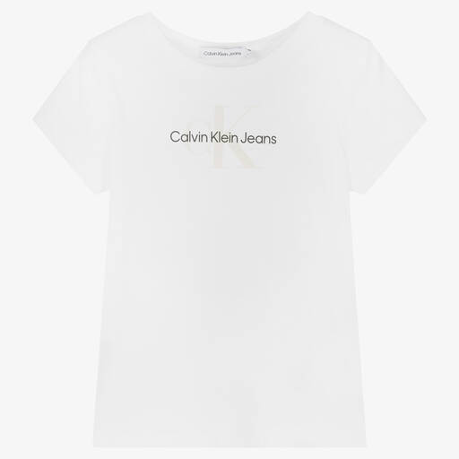 Calvin Klein Jeans-Girls White Cotton Logo T-Shirt | Childrensalon Outlet