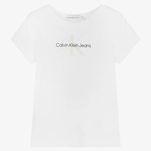 Calvin Klein Джинсы-Girls White Cotton Logo T-Shirt | Childrensalon Outlet