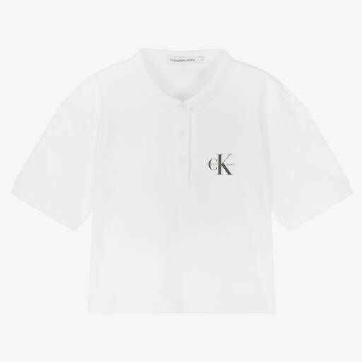 Calvin Klein Jeans-Girls White Cotton Polo Shirt | Childrensalon Outlet