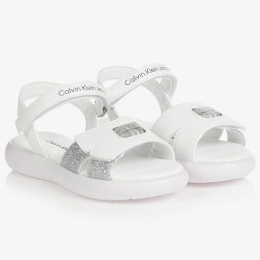 Calvin Klein Jeans-Girls White & Glitter Velcro Sandals | Childrensalon Outlet