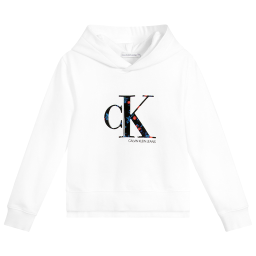 Calvin Klein Jeans-توب هودي قطن جيرسي لون أبيض وأسود للبنات | Childrensalon Outlet
