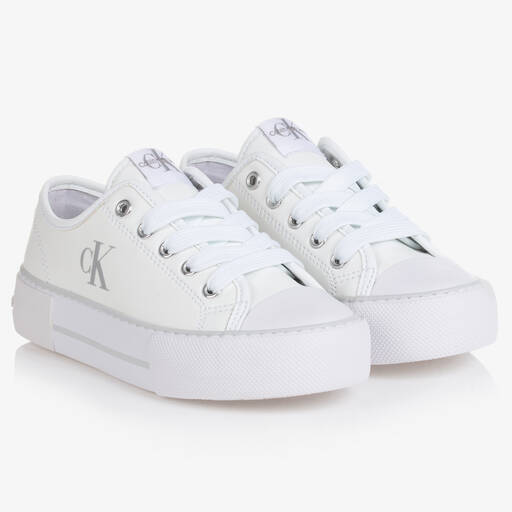 Calvin Klein Jeans-Girls White Logo Lace-Up Trainers | Childrensalon Outlet