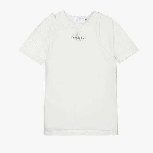 Calvin Klein Jeans-فستان شبك جيرسي لون أبيض للبنات | Childrensalon Outlet