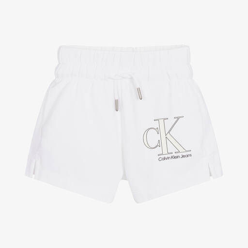 Calvin Klein Jeans-شورت قطن جيرسي لون أبيض للبنات | Childrensalon Outlet