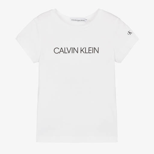 Calvin Klein Jeans-Girls White Organic Cotton Logo T-Shirt | Childrensalon Outlet