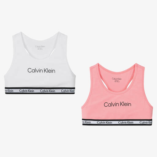 Calvin Klein-Girls White & Pink Cotton Bralettes (2 Pack) | Childrensalon Outlet