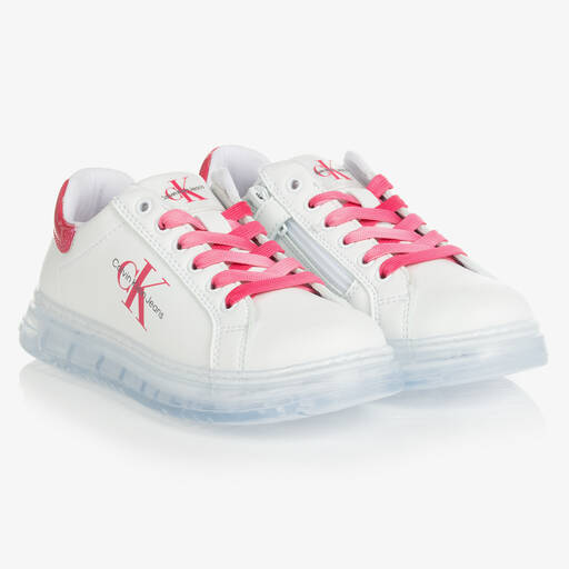 Calvin Klein Jeans-Girls White & Pink Faux Leather Trainers | Childrensalon Outlet