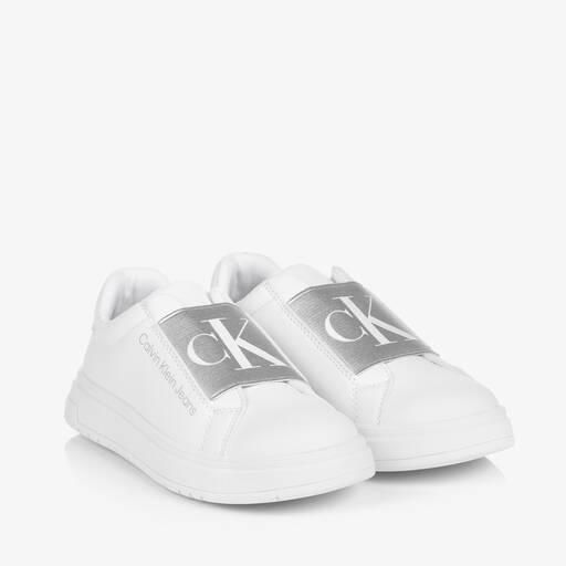 Calvin Klein-ترينرز سهل الإنتعال جلد صناعي لون أبيض للبنات | Childrensalon Outlet