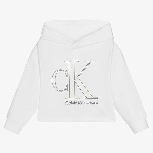 Calvin Klein Jeans-توب هودي قطن جيرسي لون أبيض للبنات | Childrensalon Outlet