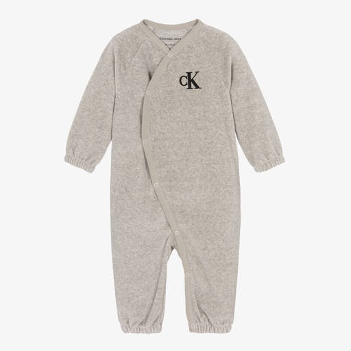 Calvin Klein-Grey Cotton Velour Monogram Babygrow | Childrensalon Outlet