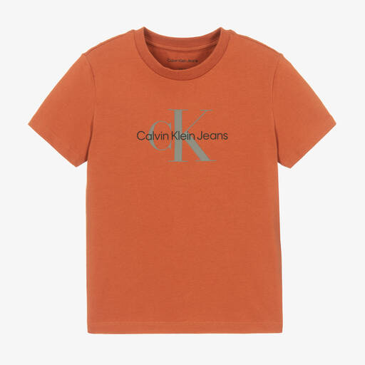 Calvin Klein-T-shirt en coton marron à monogramme | Childrensalon Outlet